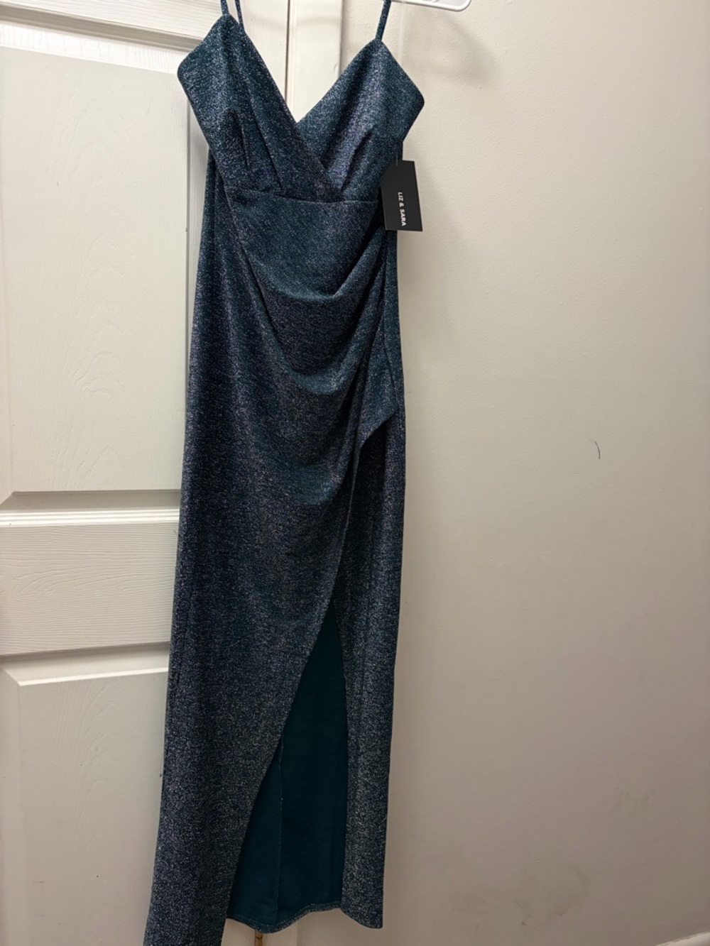 Spaghetti-Strap Navy Shimmer Draped Wedding Dress